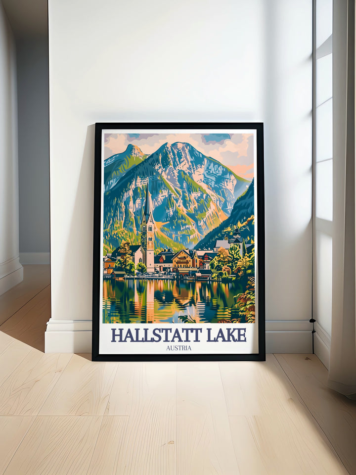 Our Hallstatt Alps poster captures the stunning contrast between the peaceful lake and the rugged Dachstein range. This artwork brings the elegance of Austrian alpine landscapes into your space, making it a perfect gift for nature and travel lovers.