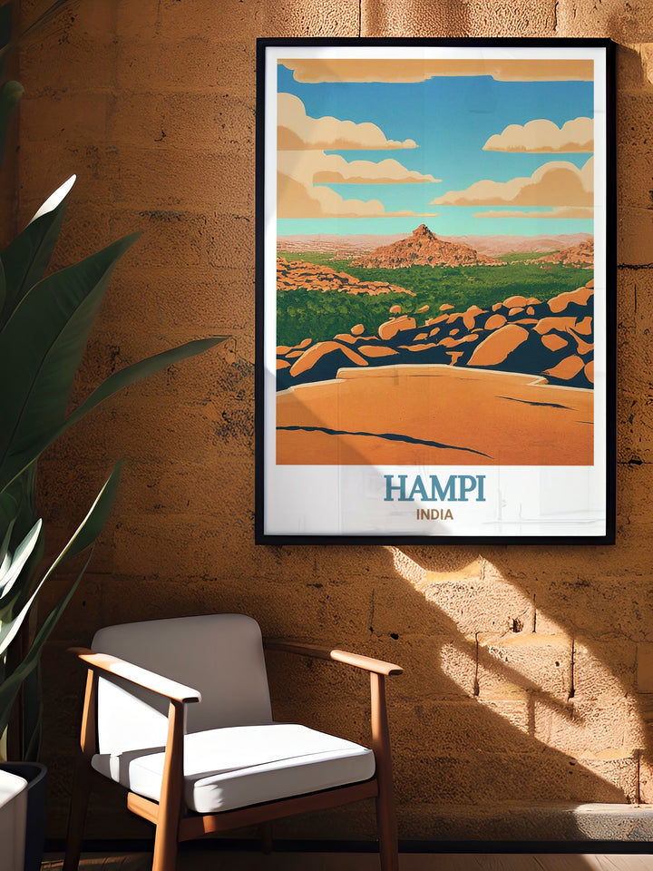 Captivating Hampi wall decor featuring the scenic views from Matanga Hill. The vibrant colors and intricate details of this print celebrate the beauty and history of Hampi, making it a meaningful addition to any living space.