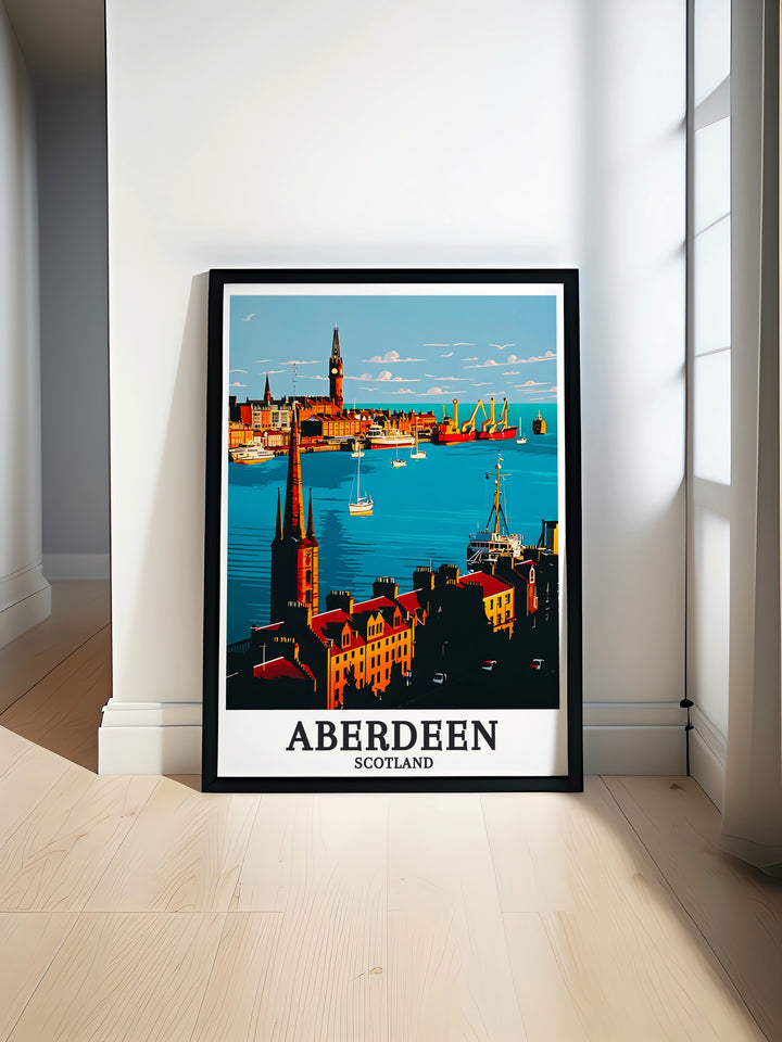 Aberdeen Wall Art featuring Aberdeen Harbour and the Town House Clock, two of Scotlands most beloved landmarks. This travel print combines detailed illustrations with rich colors, offering a stunning visual representation of Aberdeens heritage