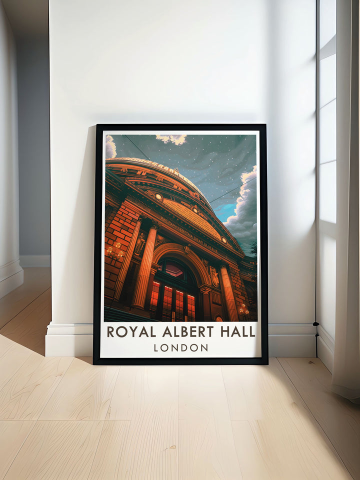 Royal Albert Hall London travel poster showcasing the stunning entrance and architectural brilliance perfect for home decor or as a London gift includes elegant Art Deco design and intricate details of the Royal Albert Hall