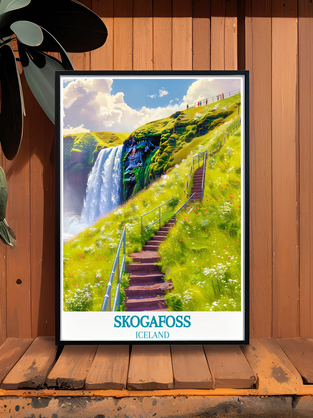 Embrace the raw power and natural splendor of Skogafoss with this travel poster, depicting the iconic waterfall and the adventurous hiking trail.