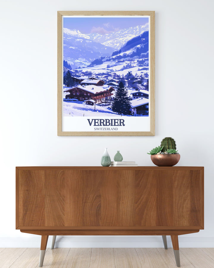 This Verbier canvas art brings the alpine charm of Verbier Village and the towering Verbier mountains into your home. The stunning design is ideal for ski lovers and adventurers, offering a vibrant depiction of Switzerlands famous ski destination.