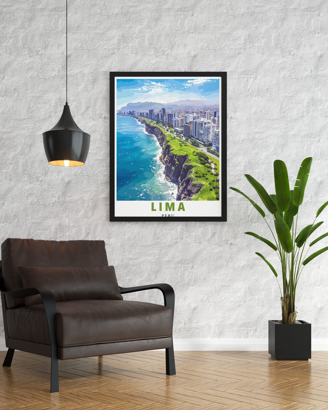 Limas Miraflores Cliffs are depicted in this stunning travel print, showcasing the dramatic coastal views of Peru. Whether as home décor or a gift, this poster captures the energy and beauty of Limas coastline, adding a touch of South American charm.