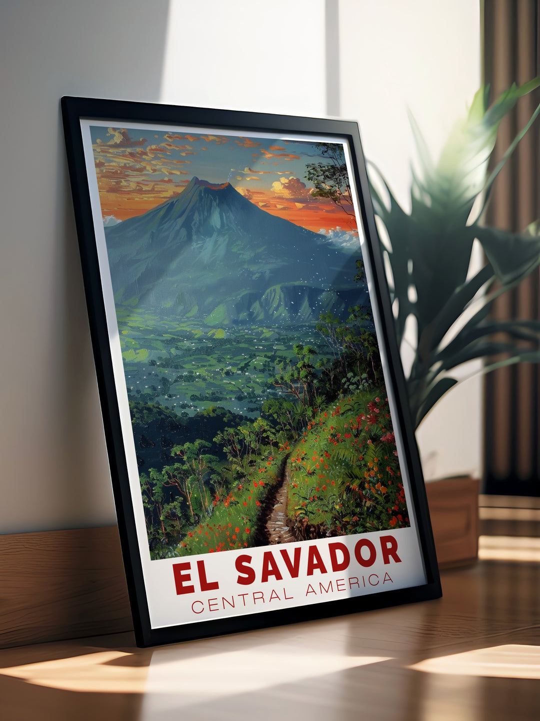 This El Salvador travel print celebrates the natural beauty of El Boquerón National Park, offering a stunning view of the crater near San Salvador. The artworks rich colors and intricate design make it an ideal piece for those who appreciate Central Americas vibrant landscapes.