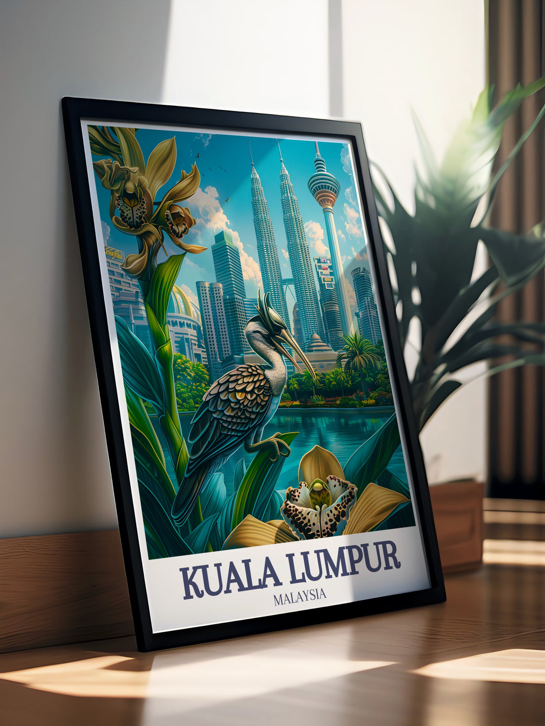 Kuala Lumpur travel print featuring the iconic Petronas Towers and Perdana Botanical Gardens, representing the balance of modernity and nature. This artwork is perfect for fans of urban design and serene parks, making it a unique piece of decor.