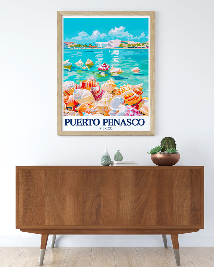 Celebrate the stunning views of Puerto Peñasco with this detailed wall art showcasing the Sea Shell Beach and Cholla Bay. This artwork is perfect for creating a coastal vibe in your living room or office, offering a touch of the Sea of Cortez to your space.