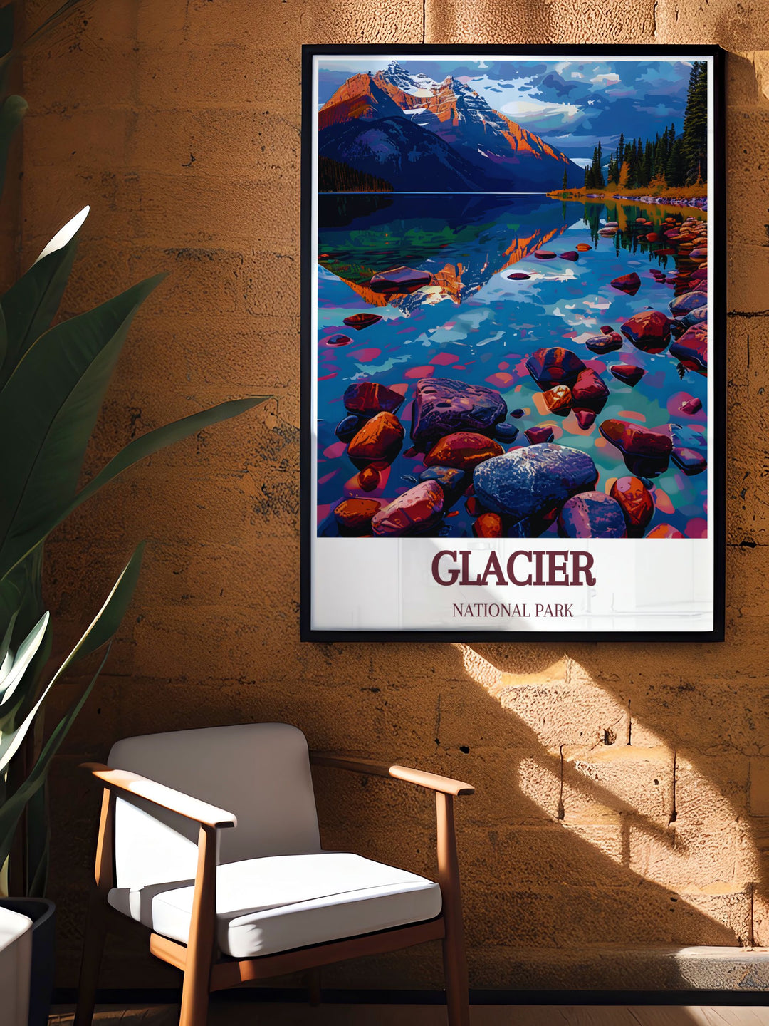 Add a piece of Glacier National Park to your home with this travel poster. The vibrant colors and intricate details capture the parks unique charm and natural beauty, making it a stunning focal point for any room.