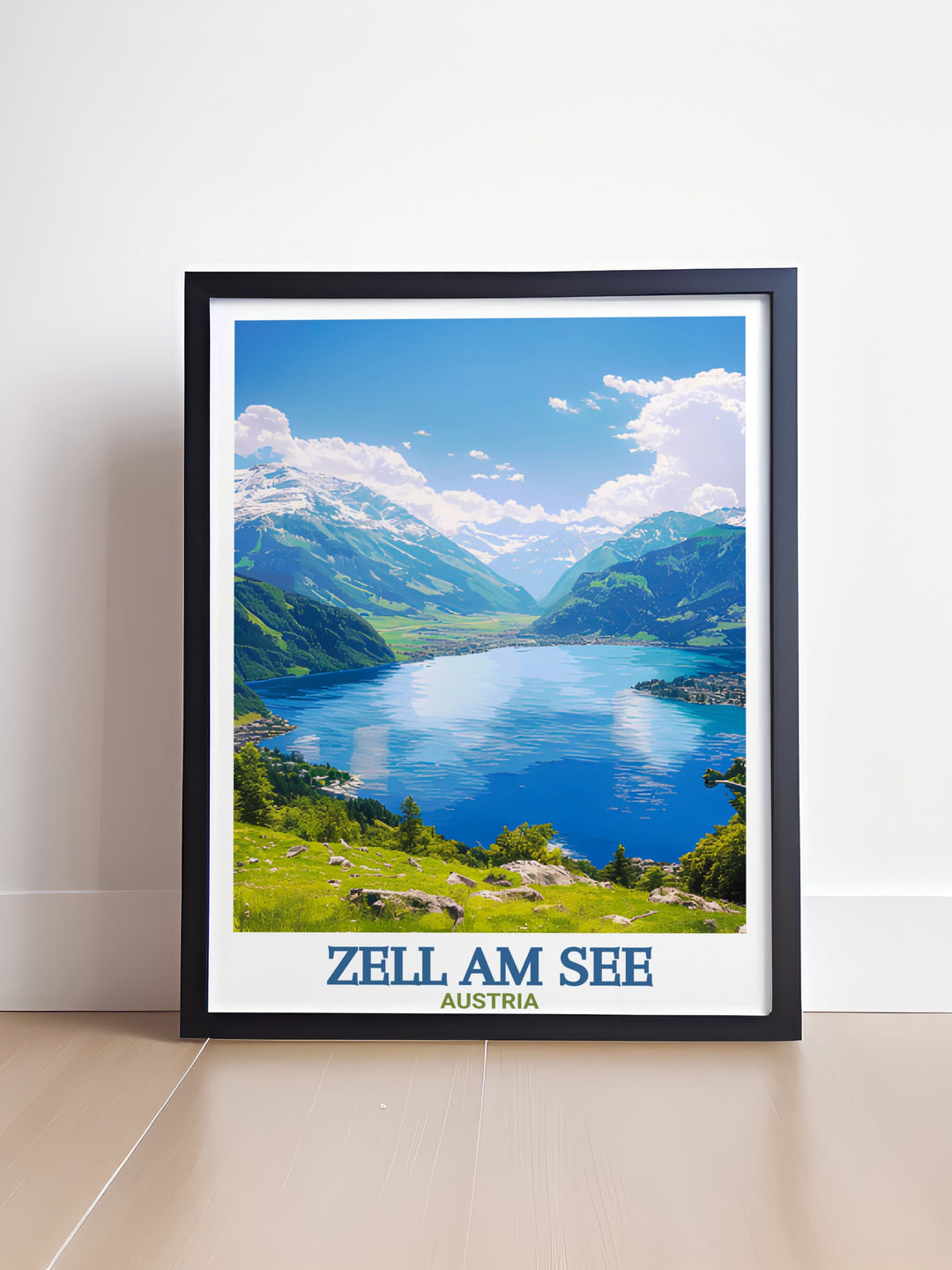 Lake Zell modern decor print capturing the tranquil beauty of Austrias lake and mountains perfect for enhancing your home with a touch of elegance and style