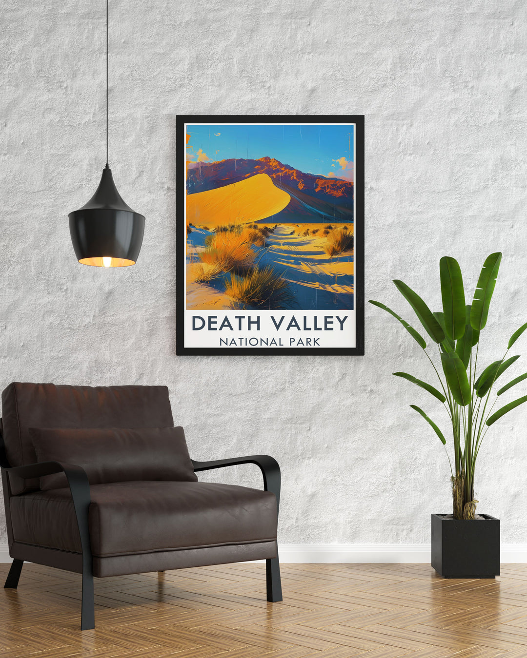A detailed print of Death Valley National Park showcasing the expansive desert landscape and the iconic Mesquite Flat Sand Dunes, perfect for nature enthusiasts and those who appreciate unique geological features.