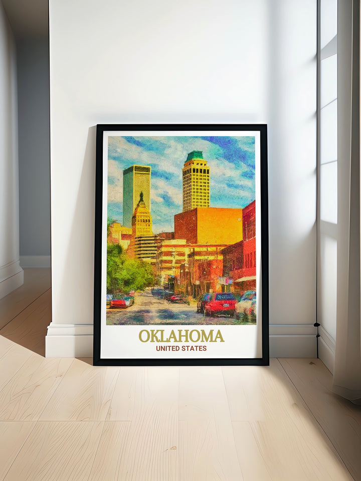 Oklahoma print featuring black and white fine line art of Tulsas Art Deco District. Perfect for adding elegance to any room or gifting for special occasions like anniversaries birthdays or Christmas. A stylish Oklahoma decor option for modern and timeless spaces.