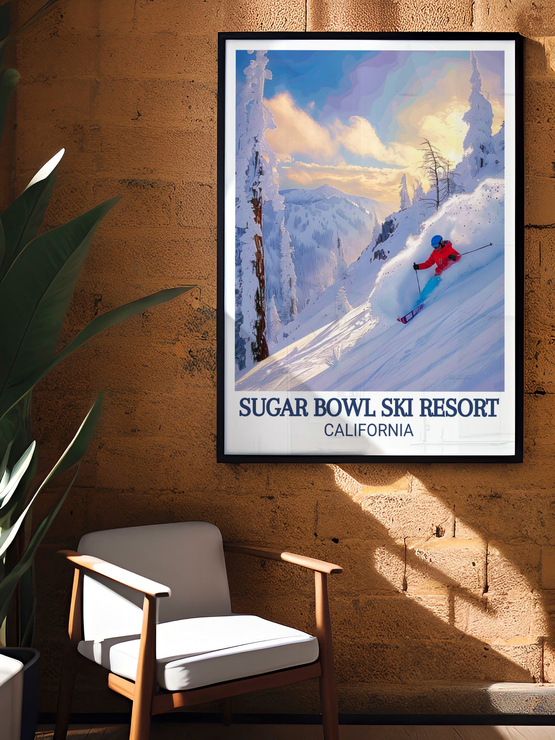 USA Travel Print from Terrain showcasing the picturesque Sugar Bowl Ski Area in Sierra Nevada mountains ideal for bucket list prints