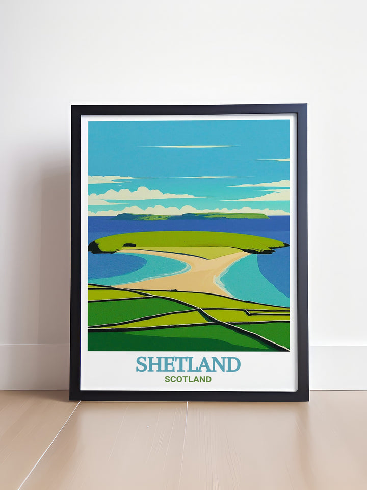 A detailed Travel Poster of St Ninians Isle, capturing the breathtaking views and historical charm of this Shetland landmark. The print features the islands sand tombolo and coastal scenery, offering a glimpse into the tranquil beauty of Scotlands northernmost isles. Perfect for adding a touch of Scotlands wild landscapes to your home.