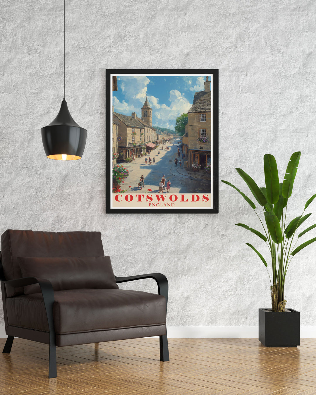 This artistic poster captures the picturesque landscapes of the Cotswolds and the historic charm of Stow on the Wold Market Square, perfect for adding a touch of Englands natural splendor and cultural heritage to your decor.