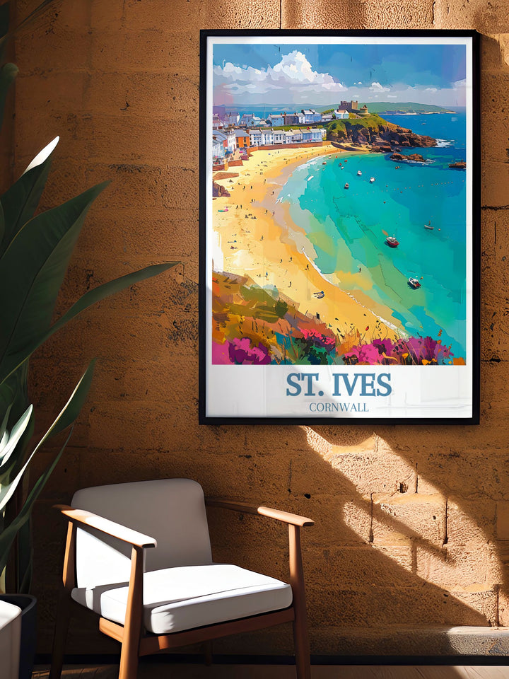 Bring the beauty of St. Ives and its iconic Porthmeor Beach into your home with this poster, featuring the historic charm and natural splendor of Cornwall.