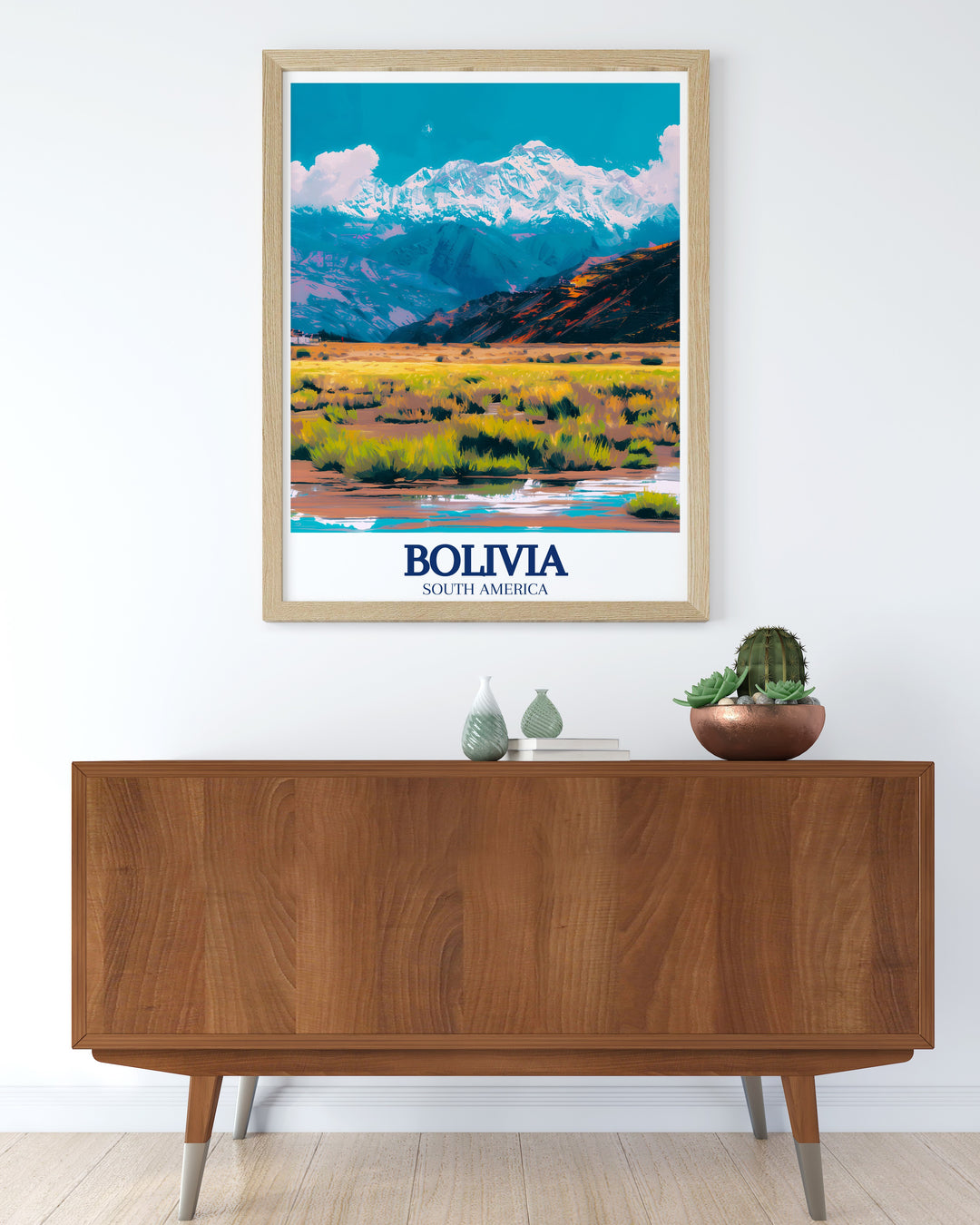 La Paz poster highlighting the dynamic energy of Bolivias capital city against the backdrop of the Altiplano plateau and Cordillera Real mountain range perfect for modern home decor