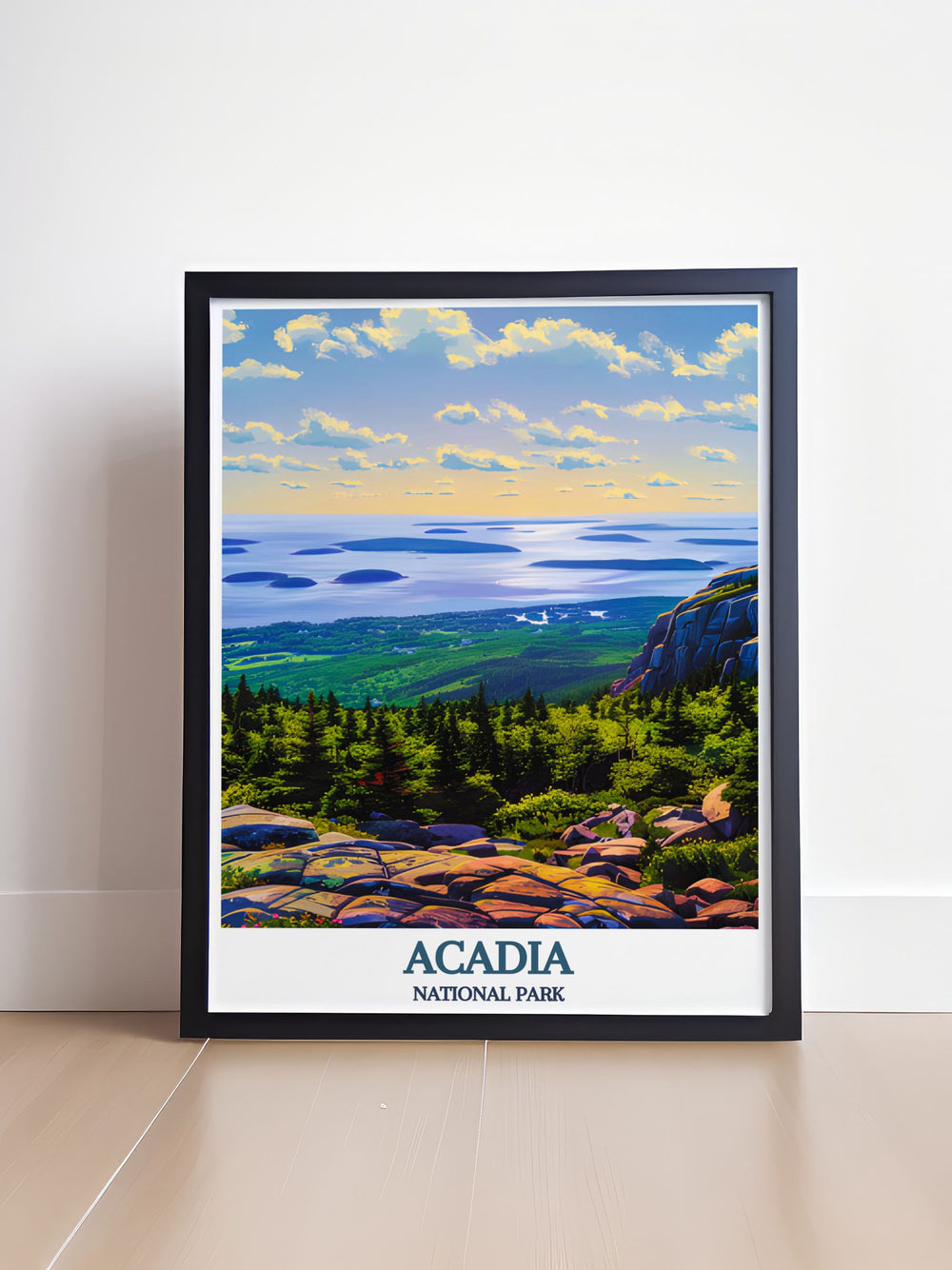 Beautiful retro travel print featuring Cadillac Mountain in Acadia National Park perfect for creating a serene atmosphere in any room vintage design capturing the essence of one of the most beloved US national parks ideal for home or office decor.