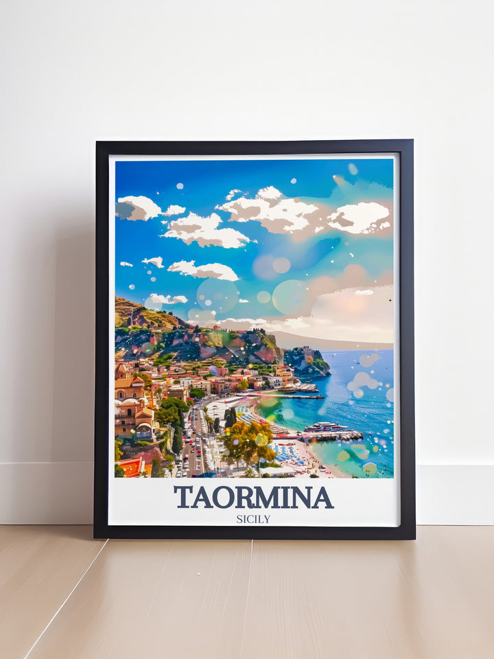 Taormina art print showcasing Taormina Beach and Isola Bella. This Italy print highlights the captivating scenery of Taorminas beach and the serene Isola Bella. Perfect for home decoration and as a thoughtful gift for Italy lovers.