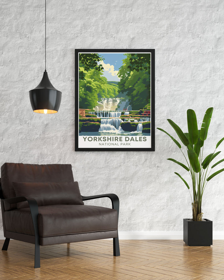 This framed print of Aysgarth Falls captures the enchanting beauty of the Yorkshire Dales. Perfect for home or office decor the detailed artwork brings a touch of natures serenity and elegance to any space making it a great choice for art lovers.