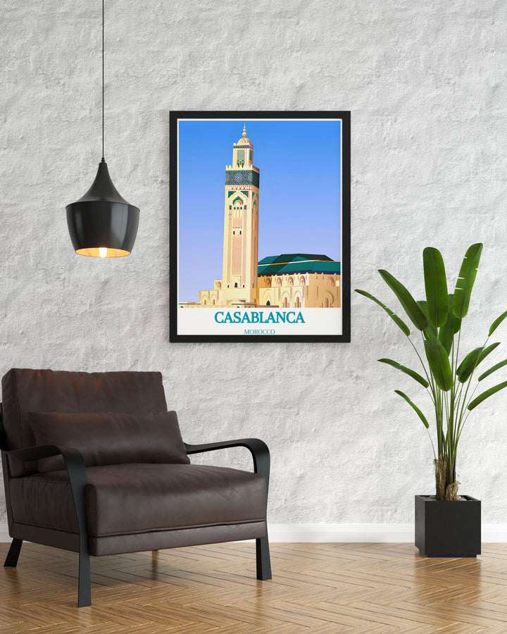 The picturesque scenery of Casablanca with Hassan II Mosque as a focal point is featured in this vibrant travel poster, perfect for adding Moroccos unique charm to your home.