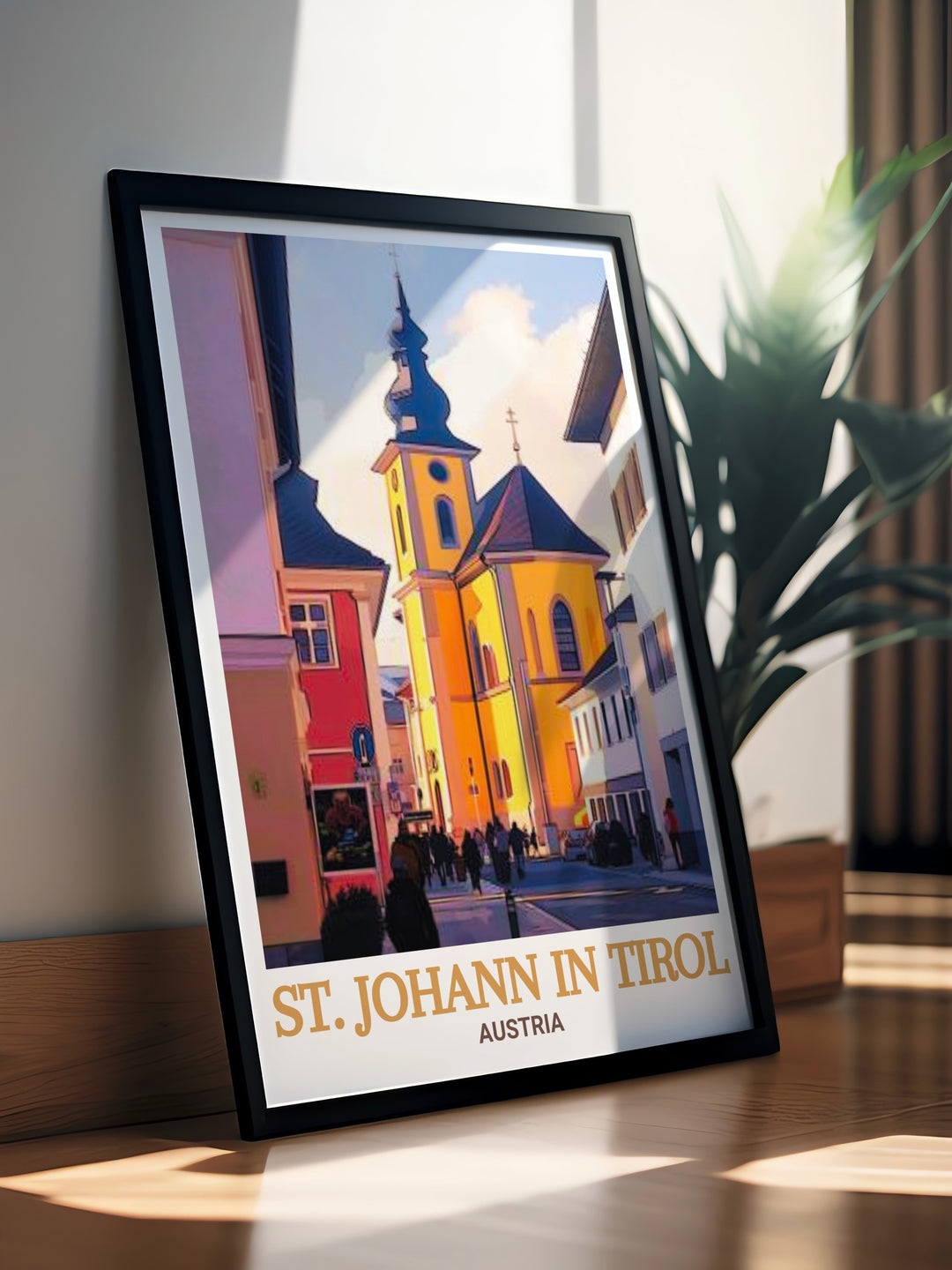 A detailed Austria travel print featuring the picturesque town of St. Johann in Tirol and the historic St. Johann Parish Church, perfect for those who love Alpine beauty and cultural landmarks. This print makes an ideal Austria wall art or travel gift for all occasions.