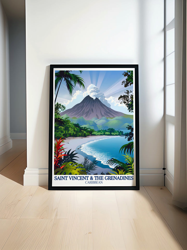 This poster print of Saint Vincents La Soufrière Volcano invites you to experience the majestic natural landscapes of the Caribbean islands. Featuring the iconic volcanic peak framed by lush forests, this artwork is ideal for island lovers.