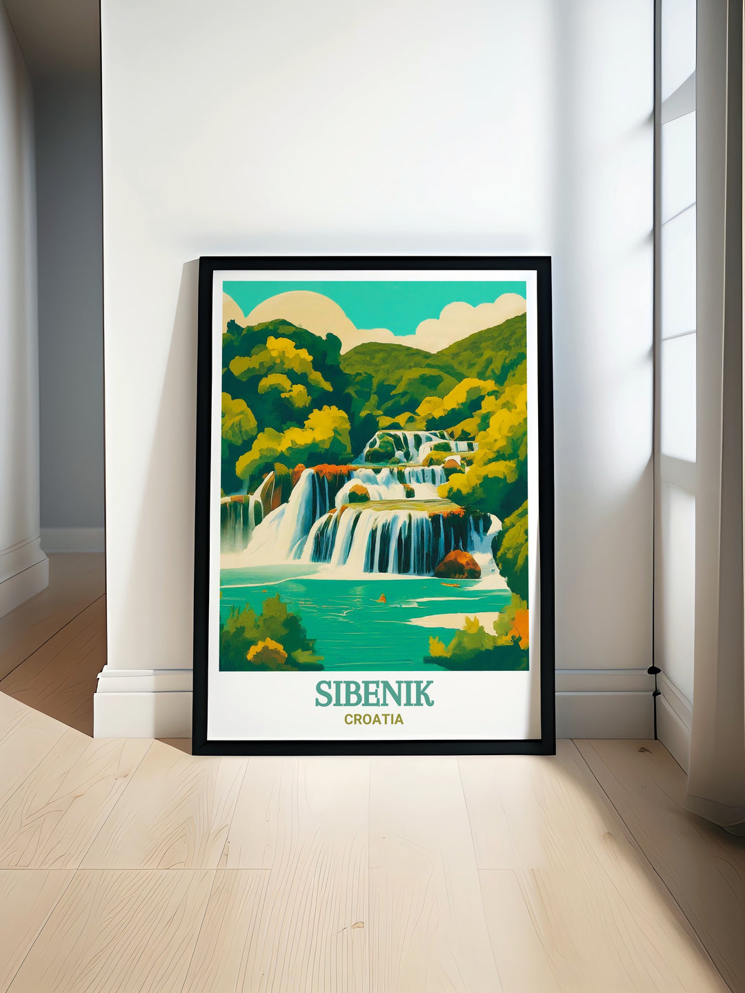 Wall art depicting Sibenik and Krka National Park, Croatia, featuring the stunning contrast between the historic towns architecture and the lush greenery of the national park. This artwork adds a touch of Croatian charm to any space, making it a meaningful piece for those who love to travel.