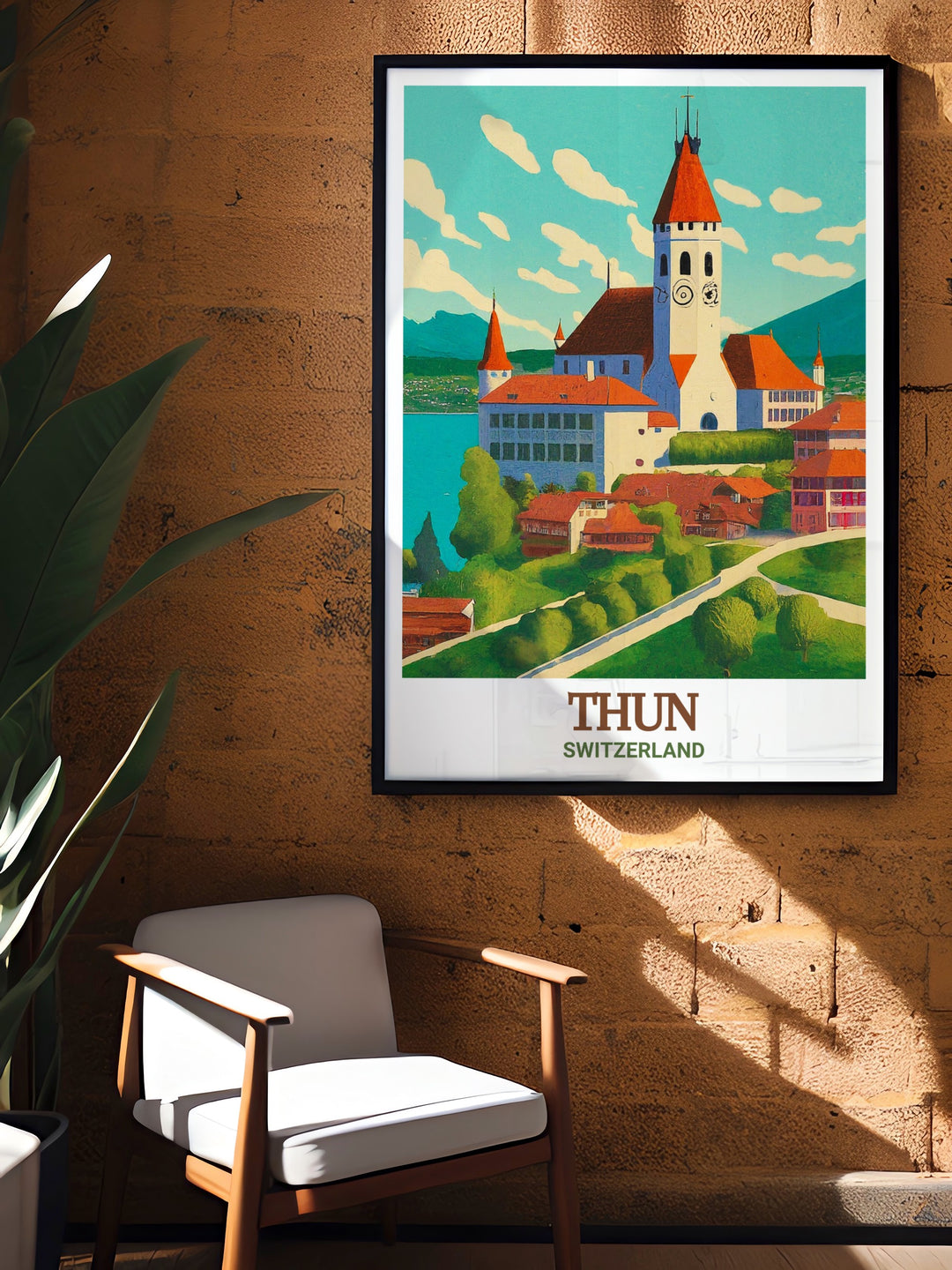 Swiss Alps Canvas Art highlighting Thun Castle, with detailed illustrations of the medieval fortress and breathtaking views of Lake Thun. A perfect gift for history buffs or those who cherish Swiss landmarks.