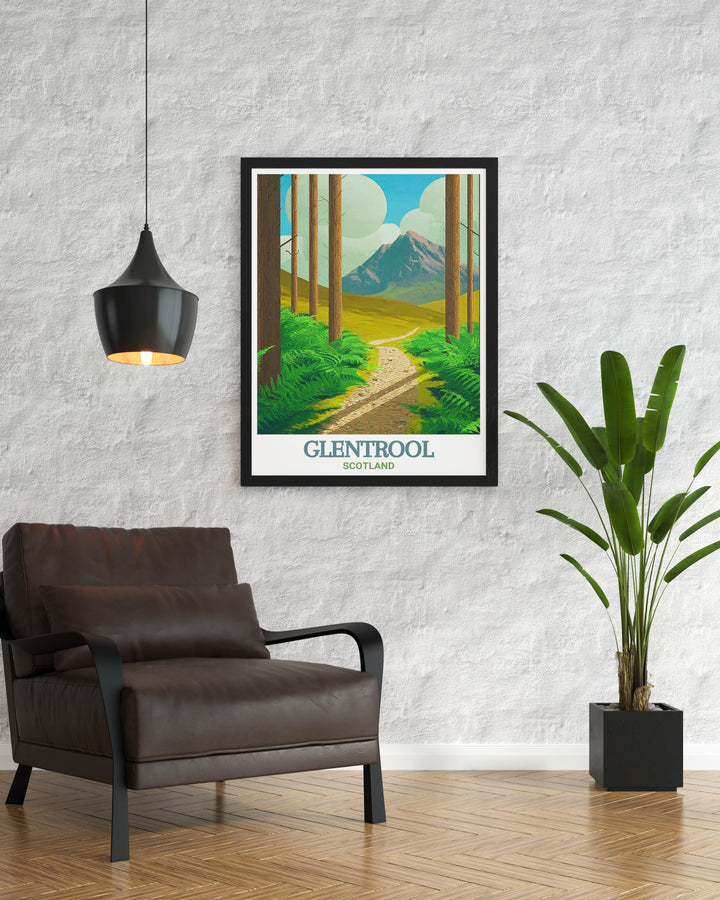 This stunning Glentrool Trailhead print showcases the exciting mountain bike trails of 7stanes bike park alongside the beautiful Loch Trool ideal for anyone who loves cycling and outdoor adventures in the Scottish landscape.