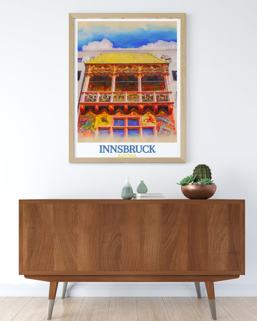 Innsbruck poster print featuring the Golden Roof, a historical landmark in Austria. This artwork captures the charm of Innsbrucks rich history and the stunning architecture of the Golden Roof. Perfect for travel lovers and European architecture enthusiasts.