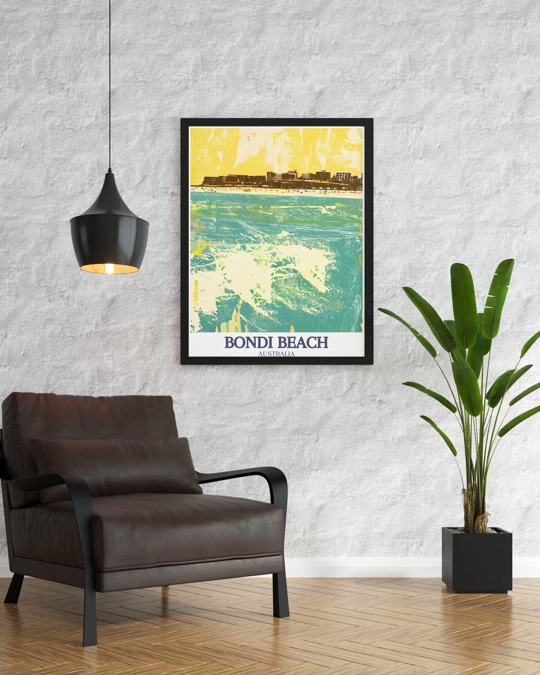 Detailed Sydney illustration featuring the iconic landmarks of the Sydney Opera House and Harbour Bridge. Bondi, South Bondi Beach stunning prints offer a vibrant depiction of the beach, perfect for adding a touch of elegance to your decor.