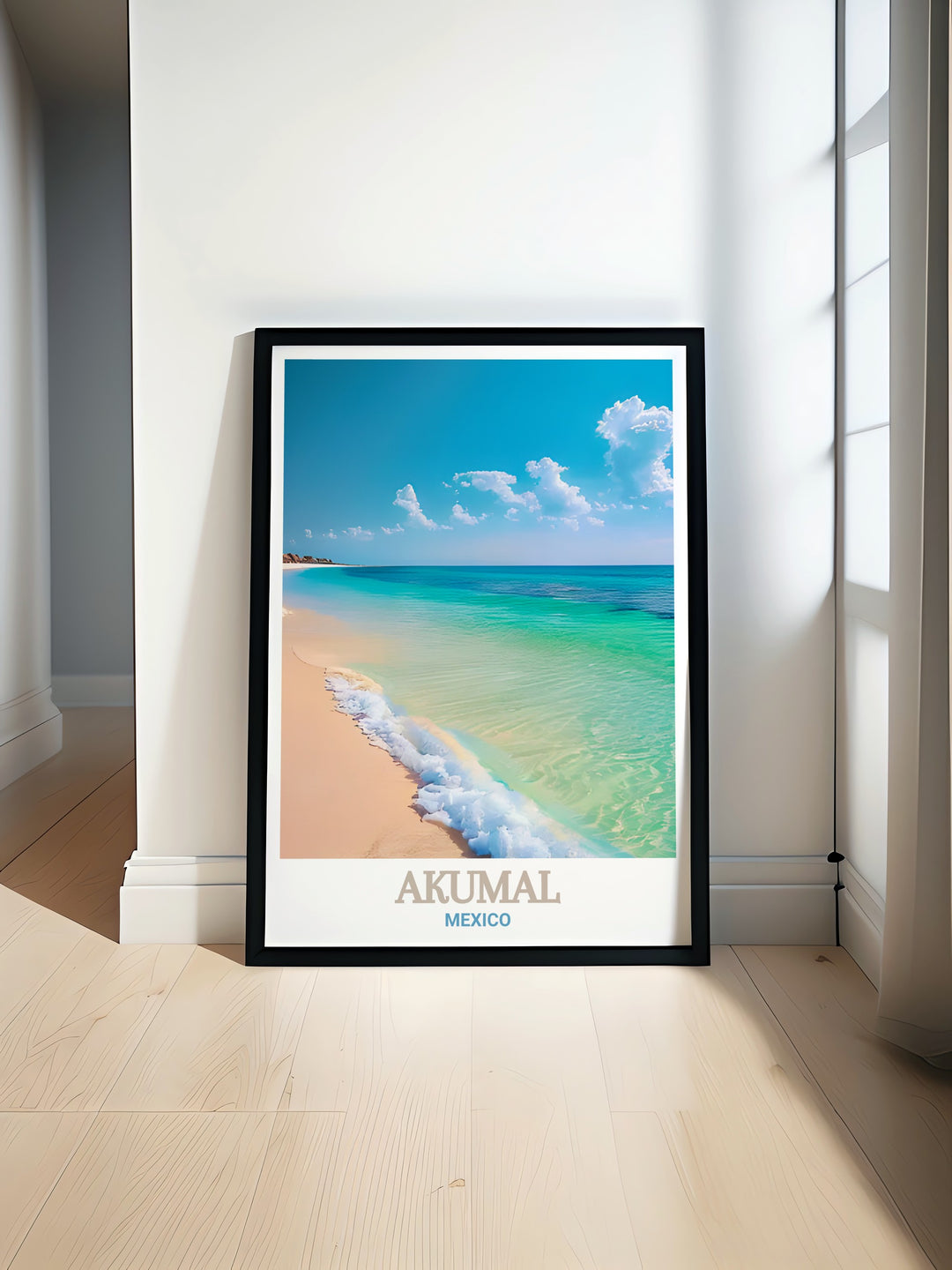 Fine line print of Akumal Beach showcasing vibrant colors and intricate details perfect for modern home decor and unique gifts