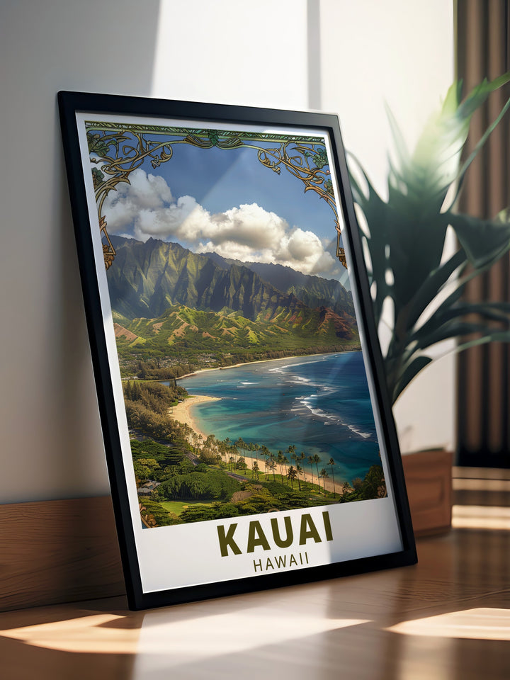 Decorate your home with this Kauai art print, featuring the serene waters of Hanalei Bay in Hawaii. This travel print offers rich, colorful detail, perfect for coastal décor. A thoughtful gift for friends, this fine line artwork brings a slice of paradise into any room.