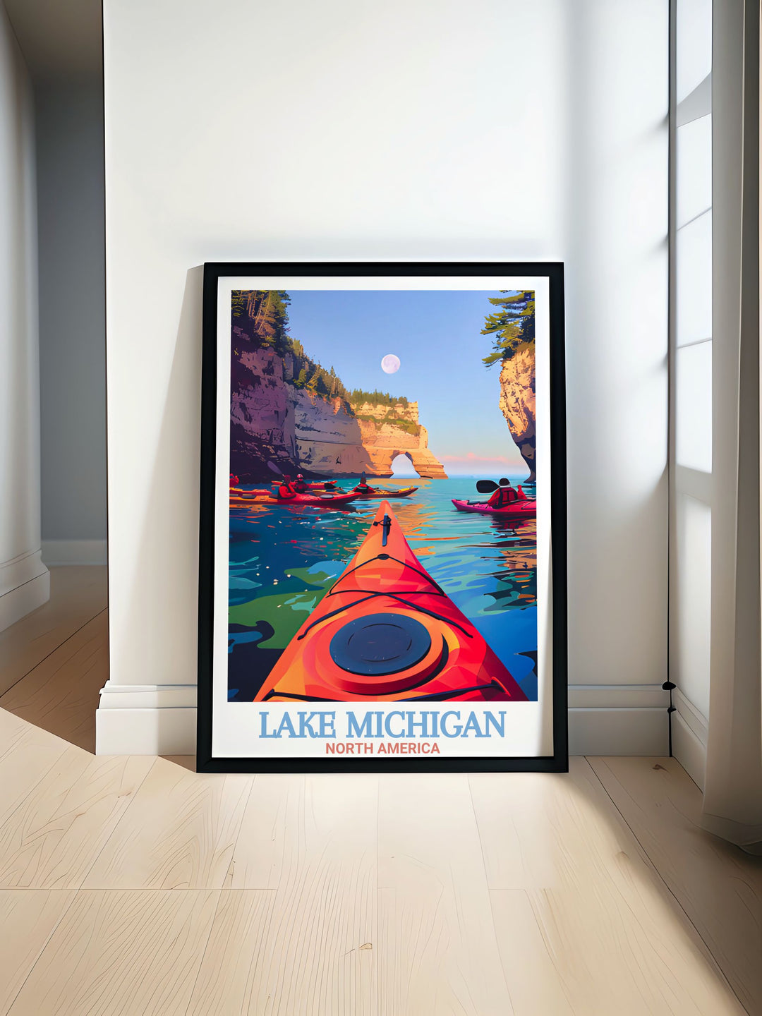 Lake Michigan Poster Print with Pictured Rocks National Lakeshore brings the beauty of the Great Lakes into your home. This travel print is perfect for adding minimalist wall art to your living room or as a personalized gift for special occasions.