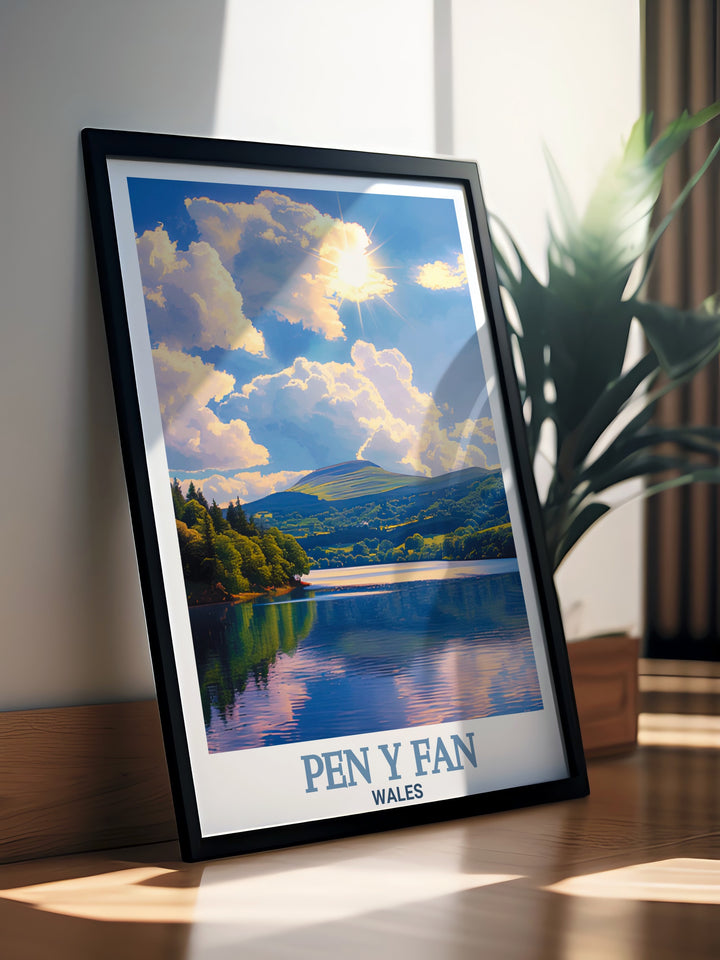 Pen y Fan Poster Print offering a view of the towering Pen y Fan and the calm waters of Pontsticill Reservoir. This travel print celebrates the stunning landscapes of Wales, making it a beautiful addition to any room.