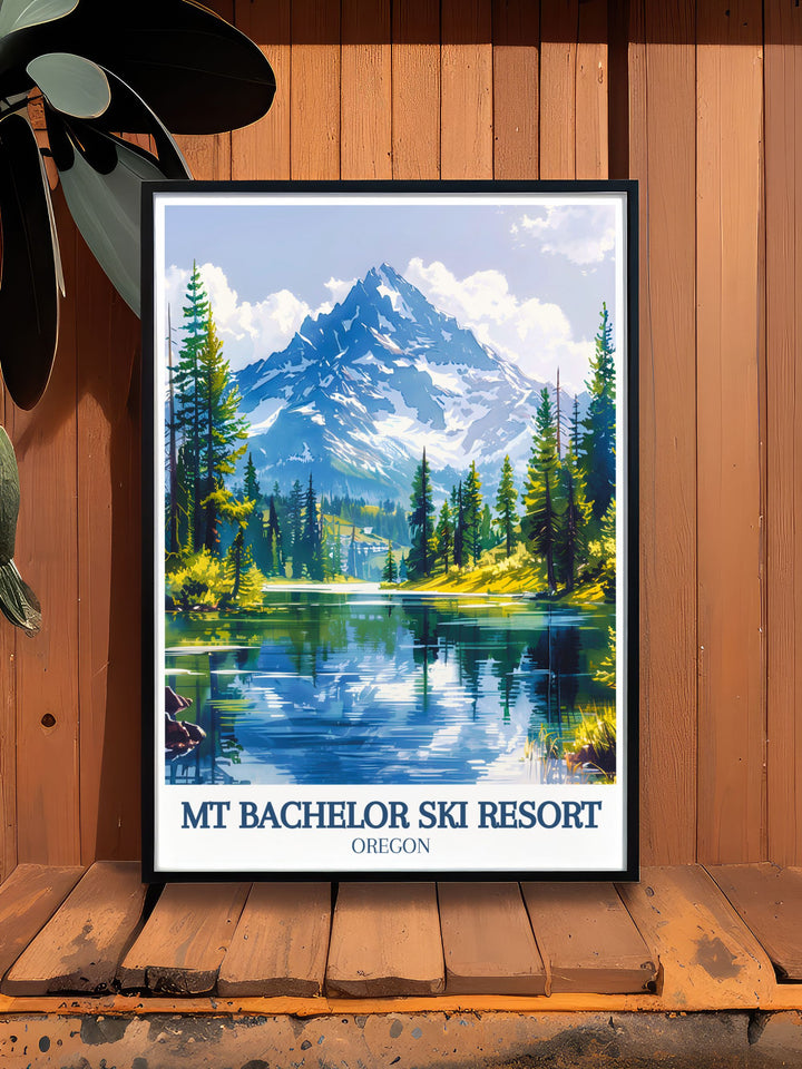 This elegant ski poster features Mt Bachelor and Sparks Lake capturing the breathtaking scenery of the Cascade Mountains and the thrill of winter sports making it an ideal addition to your skiing wall art collection