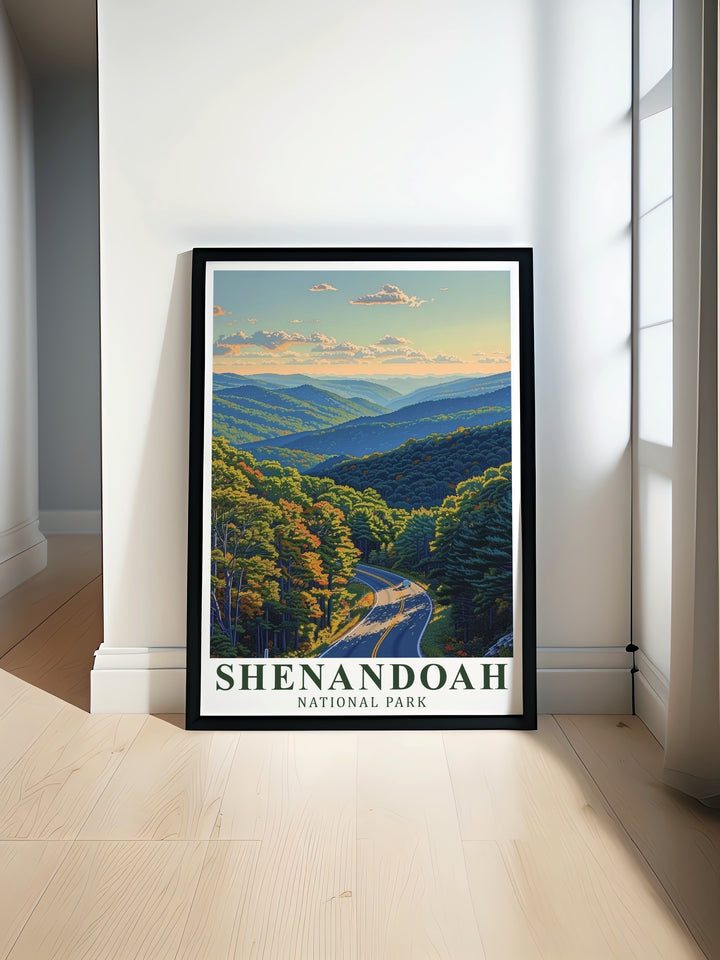 Bring the adventure of Shenandoah National Park into your space with this vibrant Skyline Drive travel print. The artwork highlights the scenic beauty of the Blue Ridge Mountains and is perfect for those who love the outdoors and national park inspired decor.