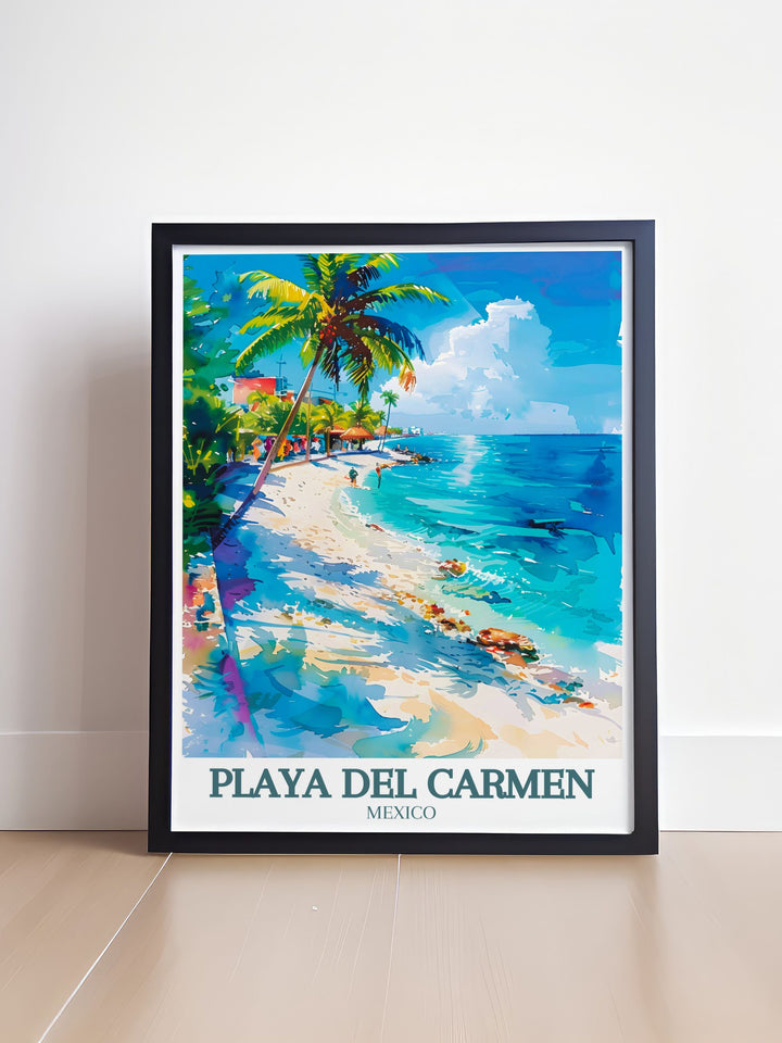Beautifully crafted Mexico travel print of Playa Del Carmen and the Caribbean Sea. This artwork brings the serene beauty of tropical landscapes into your home decor and makes a perfect gift for art enthusiasts and travel lovers alike.