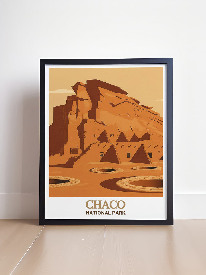 Travel print of Chetro Ketl, Chaco National Park, Argentina, focusing on the detailed architecture and the serene landscape. This piece is ideal for those who wish to bring a sense of history and adventure into their decor.