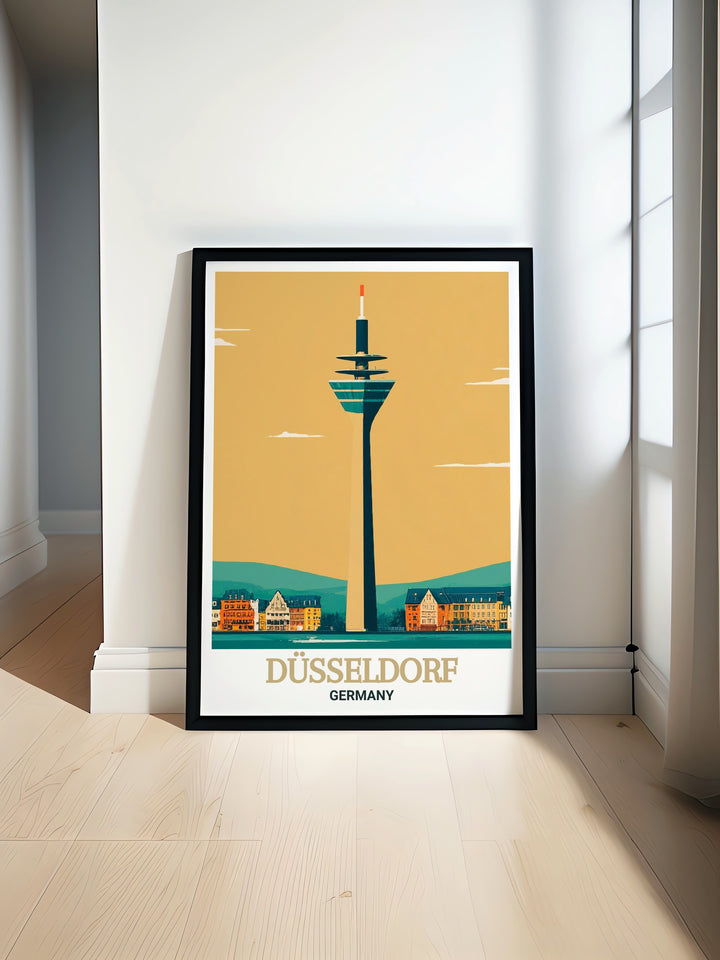 This Rheinturm travel poster combines modern architecture with stunning artistic detail. Ideal for decorating living spaces or offices, it highlights Düsseldorfs charm, offering a perfect piece of wall art for anyone who loves Germany and its innovative design.