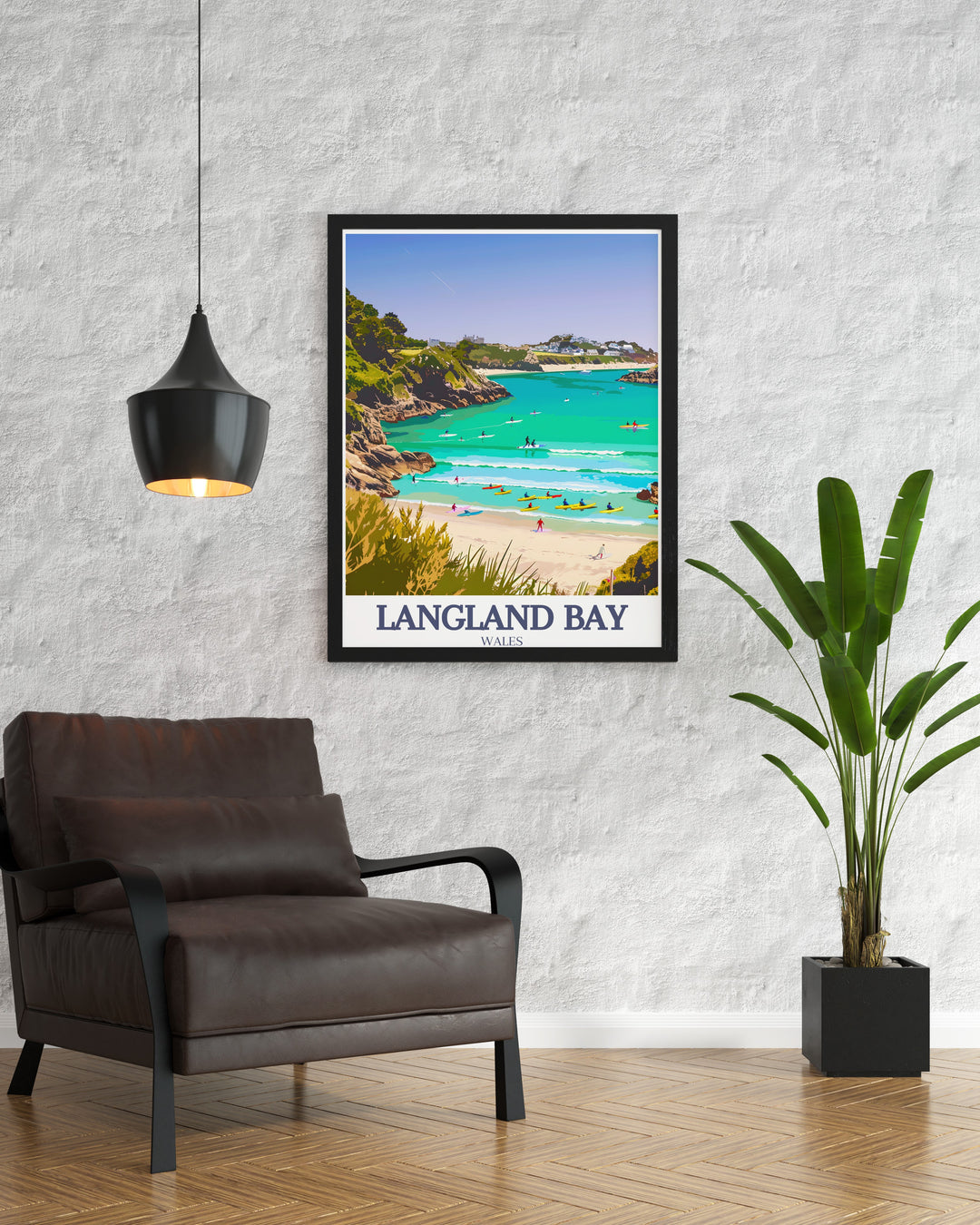 Langland Bay Poster Print captures the picturesque charm of the Welsh coast with its sandy beaches, iconic beach huts, and rolling waves. This travel print is perfect for those who love the seaside and want to bring a touch of the Gower Peninsula into their home decor.