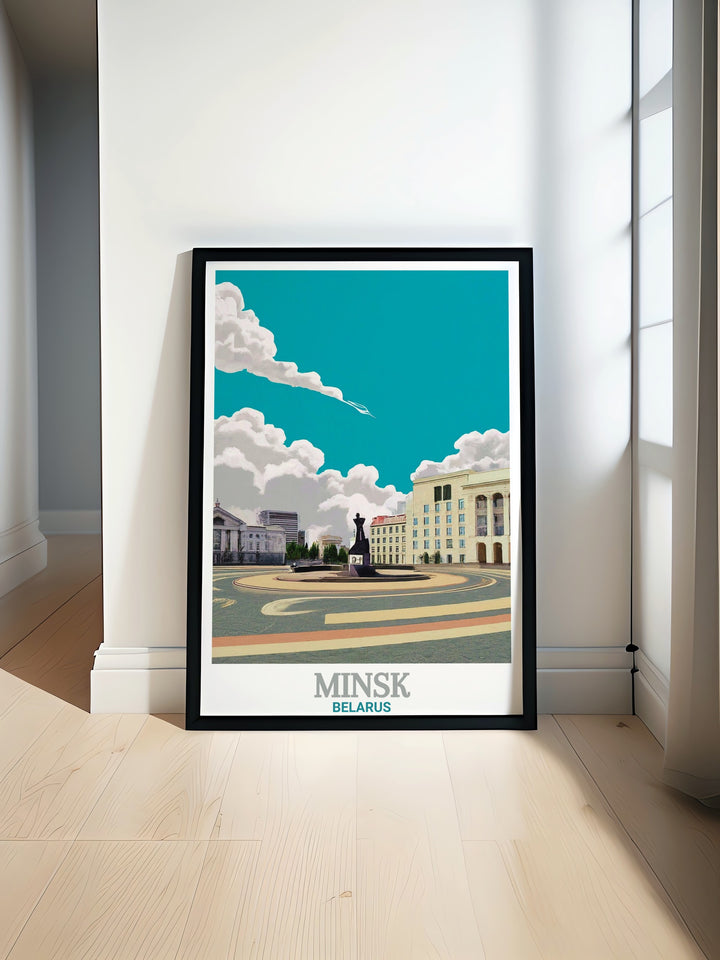 Celebrate Belaruss architectural heritage with this travel print of Minsks Independence Square. The clean, minimalist design makes it ideal for any modern space, offering a beautiful blend of history and contemporary style in one stunning poster print.