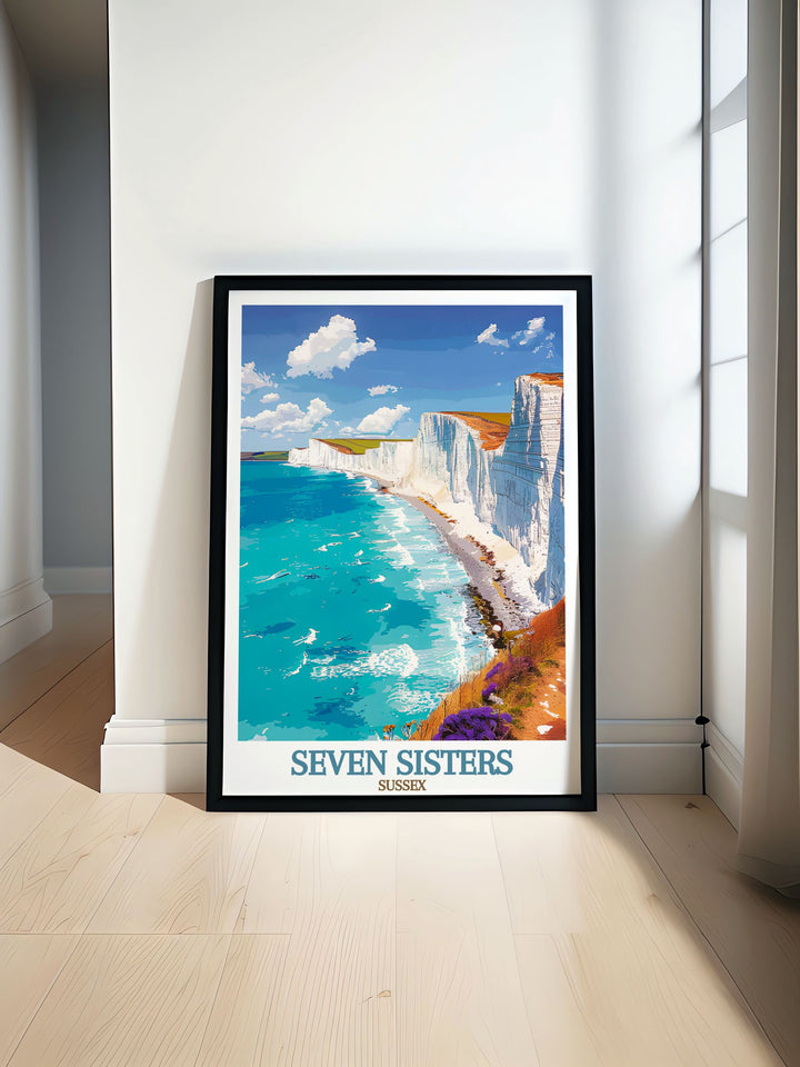 Seven Sisters Cliffs modern print showcasing the iconic chalk cliffs and turquoise waters ideal for National Park Poster enthusiasts and nature lovers seeking elegant wall decor for their homes