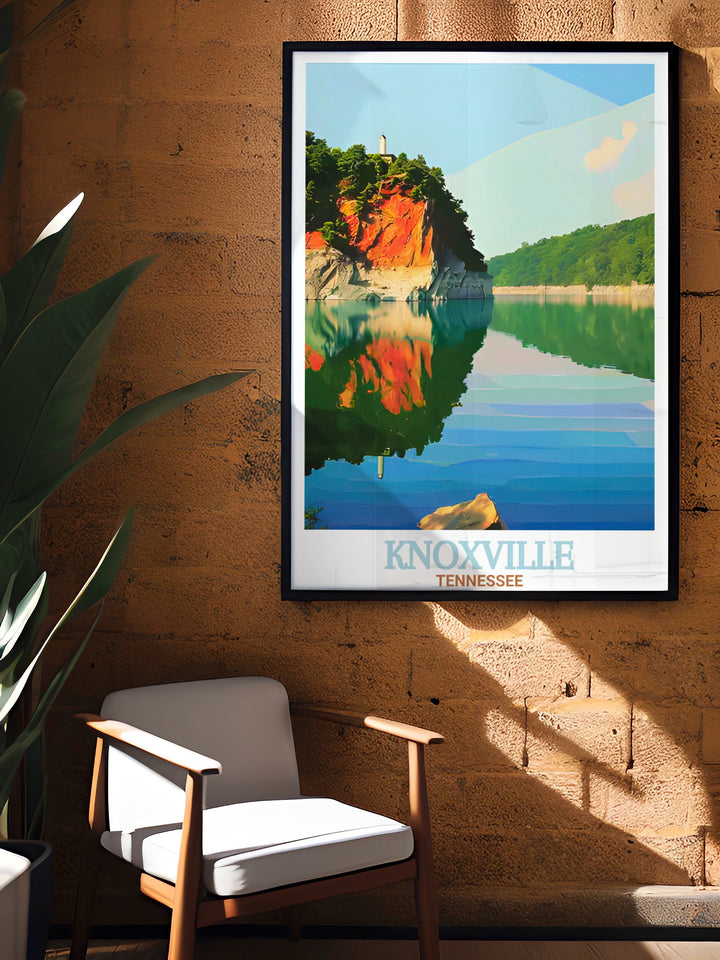 Knoxville wall art featuring the tranquil landscapes of Ijams Nature Center alongside the dynamic Knoxville skyline. Perfect for nature lovers and travelers alike, this poster serves as a stunning tribute to Tennessees diverse beauty and Knoxvilles urban charm.