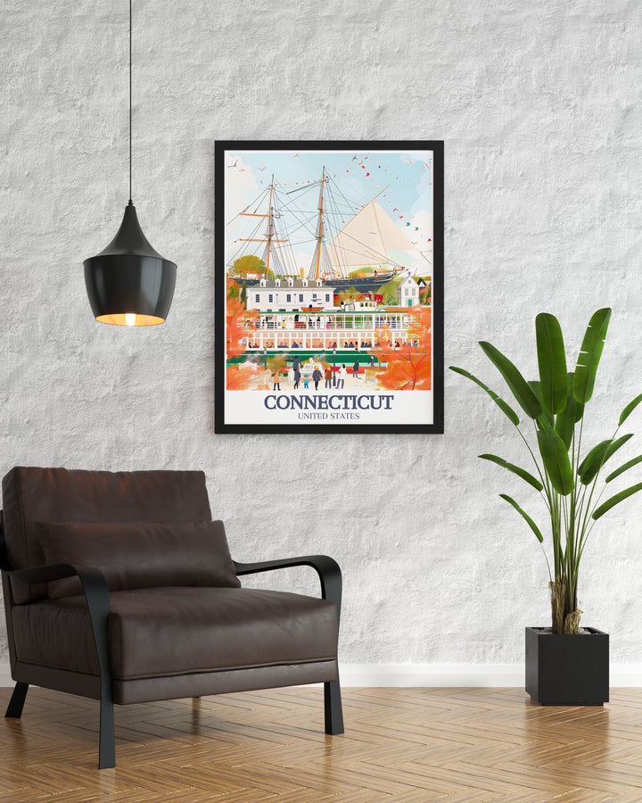 Bridgeport poster and Mystic Seaport New England town modern prints offer timeless Connecticut artwork designed for home decor and personalized gifts perfect for anyone who loves the history and charm of Connecticut State.