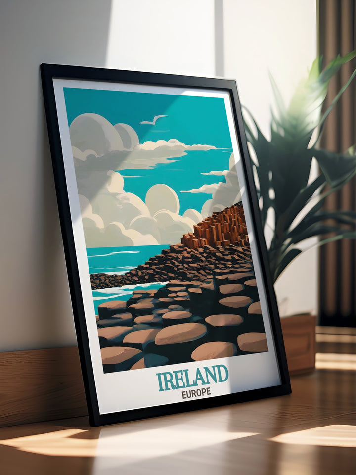 Celebrate the rugged landscapes of Ireland with this travel print that features the Giants Causeway alongside Dublins urban skyline. A great addition to any home or office, its the perfect way to bring a piece of Ireland into your space.