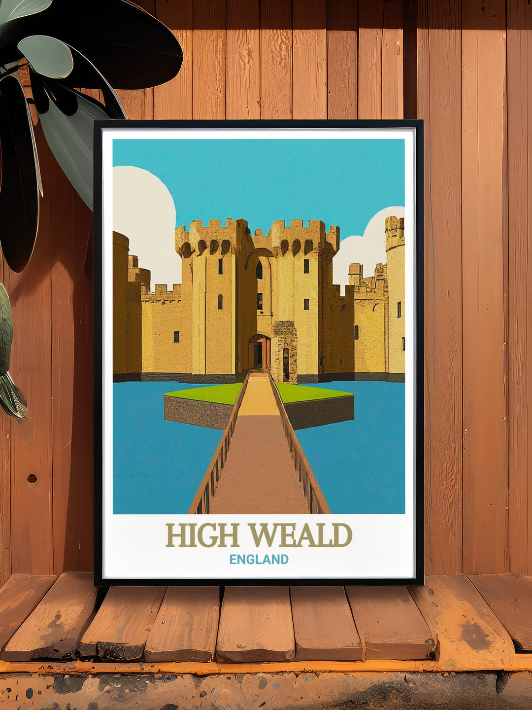 Bodiam Castle and High Weald AONB art print celebrating the natural beauty of the British countryside with a vintage inspired design perfect for framing and displaying in your home or as a thoughtful gift for lovers of Englands rural landscapes.