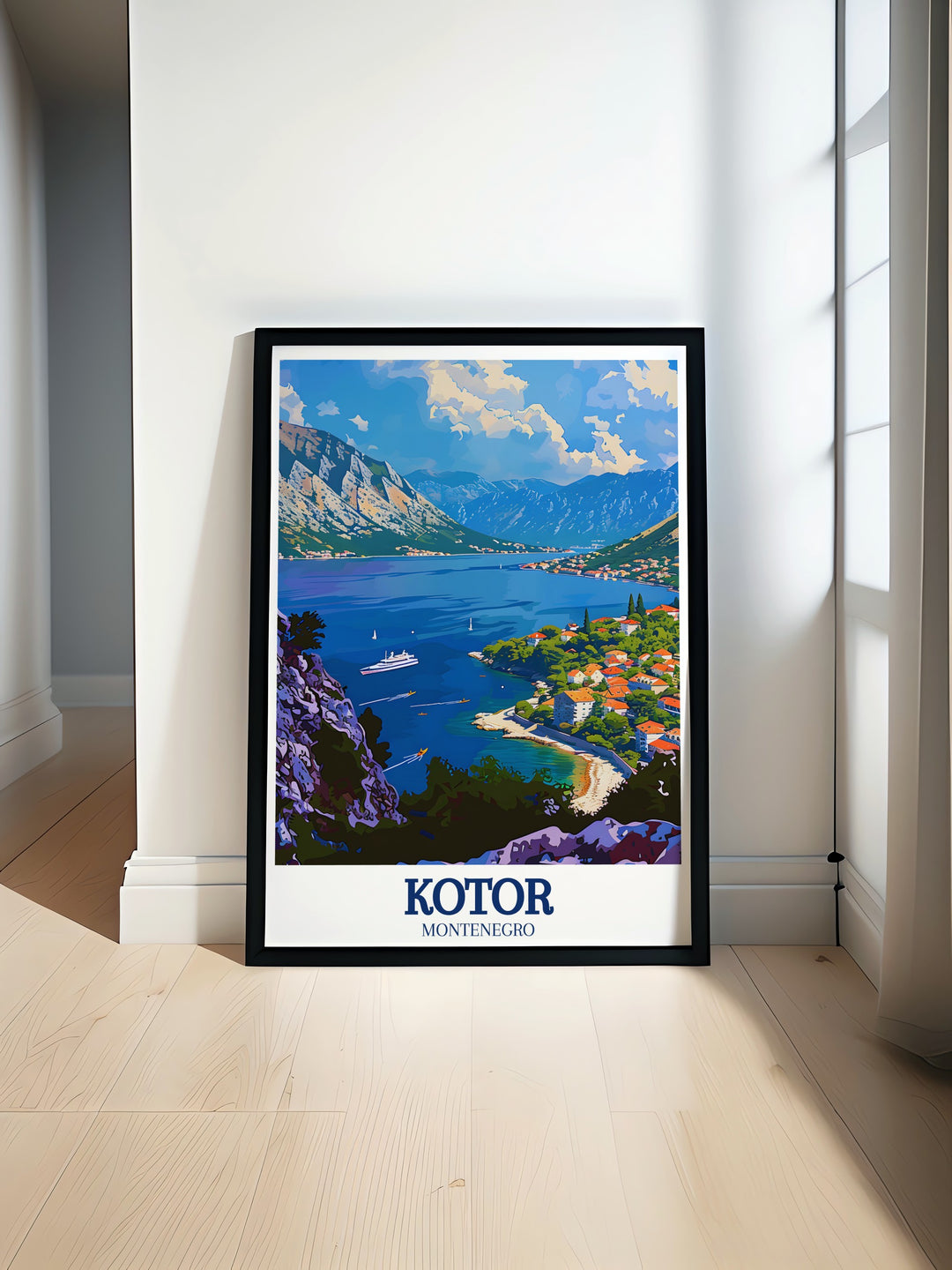 Poster print of Kotor Bay and the Adriatic Sea, ideal for anyone looking to bring the beauty of Montenegro into their home. This travel poster is perfect for adding a touch of Eastern European elegance to any room.