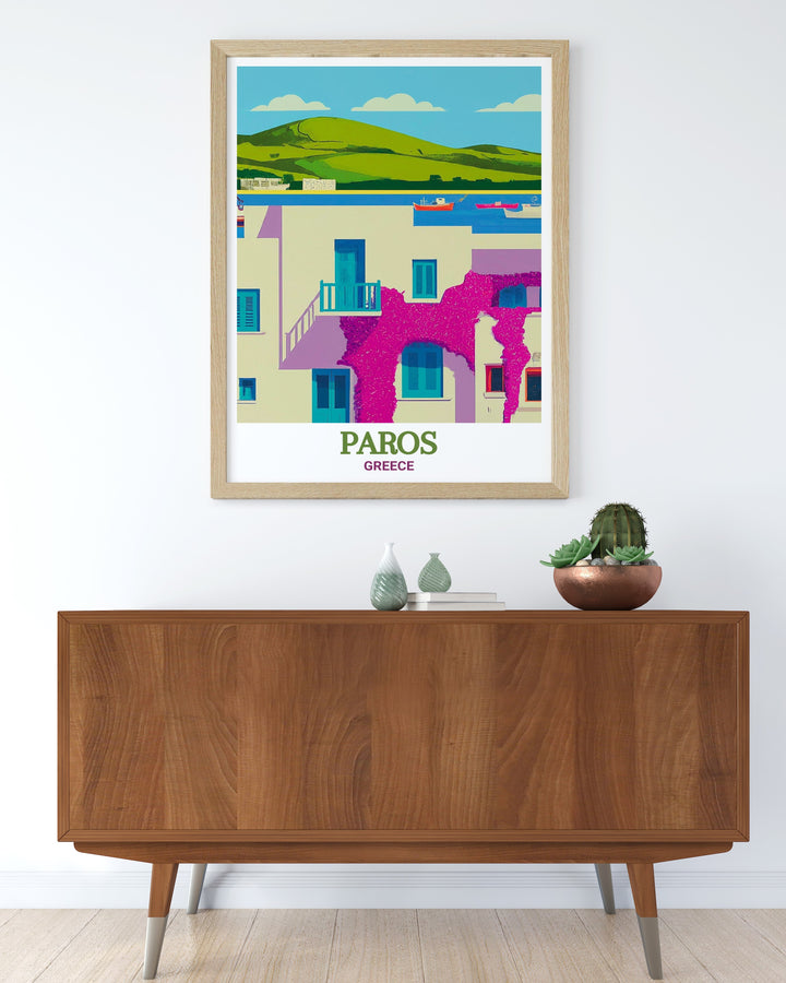 Celebrate the tranquil beauty of Parikia with this Greece travel poster. The artwork features the towns traditional white buildings set against the Aegean Sea, making it a perfect piece for those who love the simplicity and elegance of Greek island life.