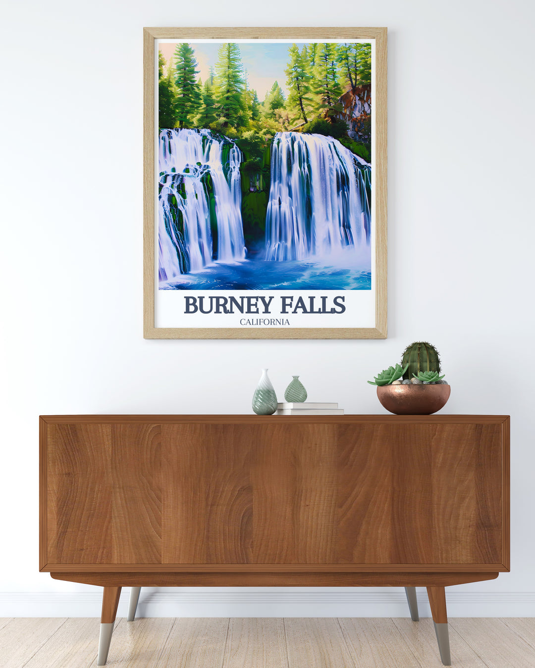 Celebrate your love for California with this beautiful Burney Falls Print showcasing the famous waterfall from McArthur Burney Falls Memorial State Park an ideal California travel gift for friends and family or a perfect wall art addition to your living space.