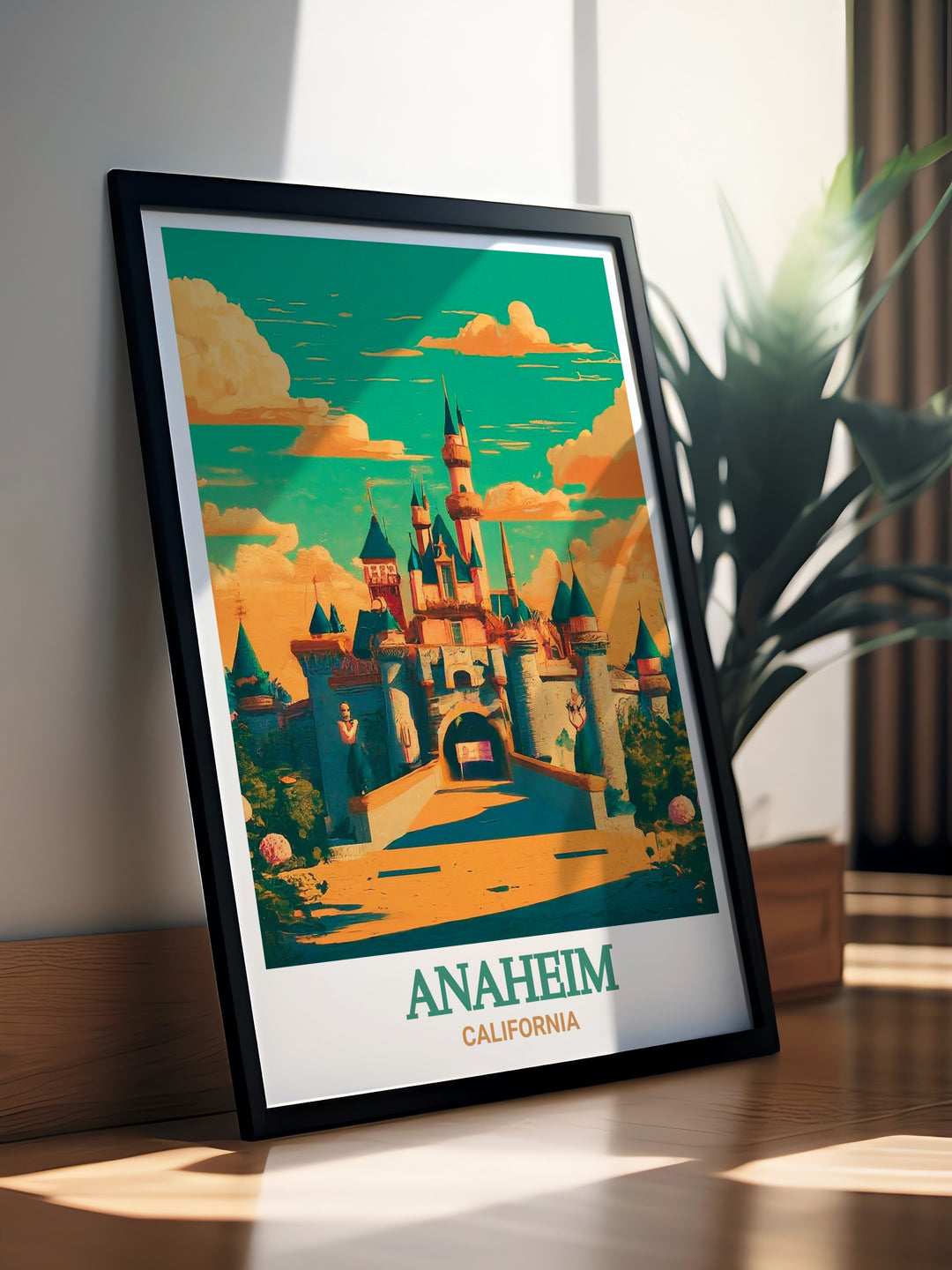 Travel art print featuring Anaheims Disneyland Resort showcasing the areas vibrant attractions and joyful environment. This poster brings the spirit of Disneyland into your home.